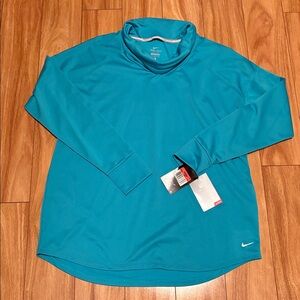 NWT Nike Dri-Fit Running funnel neck aqua sweatshirt, women’s size L. Logo.